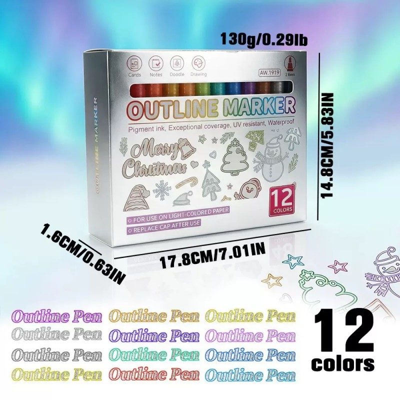 12 Colors Outline Glitter Markers