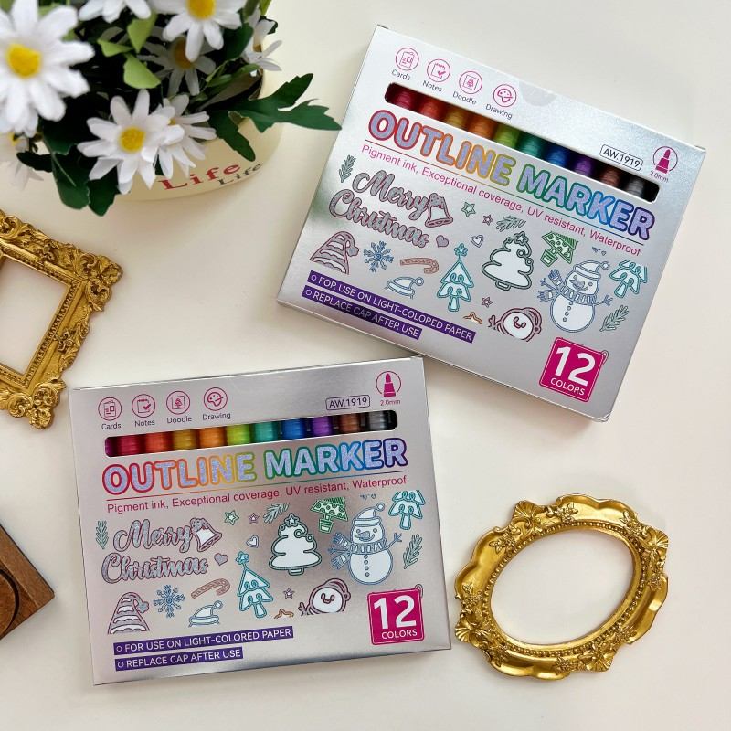 12 Colors Outline Glitter Markers