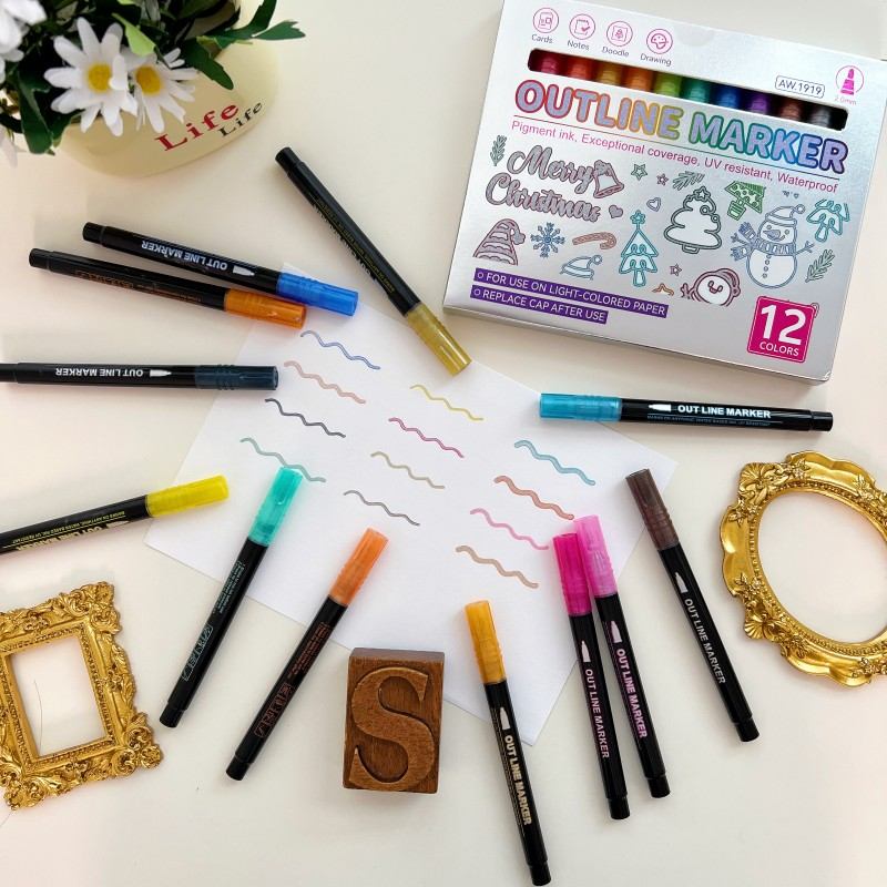 12 Colors Outline Glitter Markers