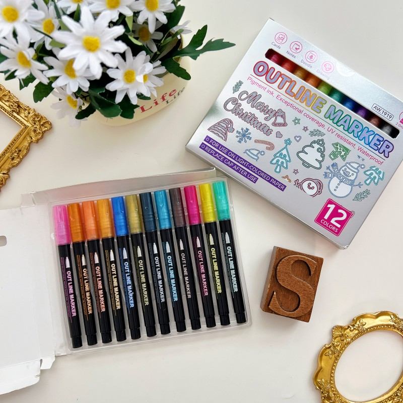 12 Colors Outline Glitter Markers