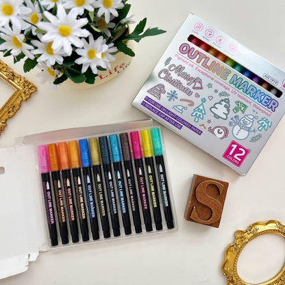 12 Colors Outline Glitter Markers