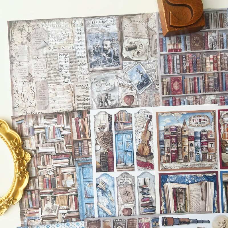 Rustic Library Collage Paper 12Sheets
