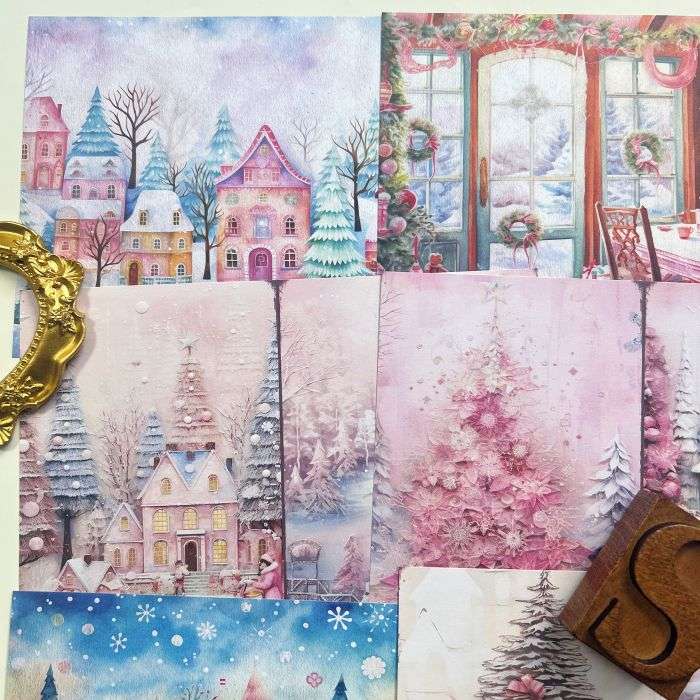 Pink Xmas Collage Paper 16Sheets